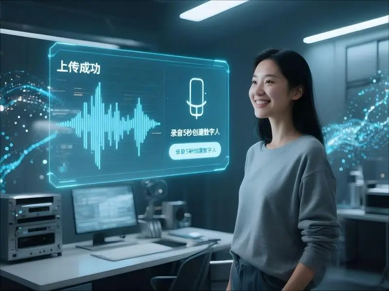 女性用户体验GPT-SOVITS声音克隆功能,悬浮界面显示"上传成功"。通过5秒录音即可创建个性化数字人声,基于sovits技术实现高保真语音包生成。