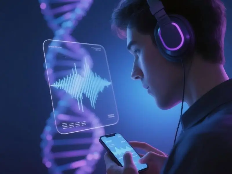 用户佩戴专业耳机使用GPT-SOVITS声音克隆服务,手机界面实时显示声波分析。通过gptsovits模型实现语音包定制与声音克隆,DNA背景象征技术精准性。